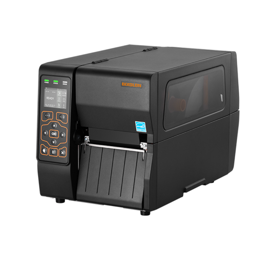 Black industrial printer with label feeder on a white background - Bixolon XT3-40S Industrial Barcode Label Printer – High-Speed Printing UAE