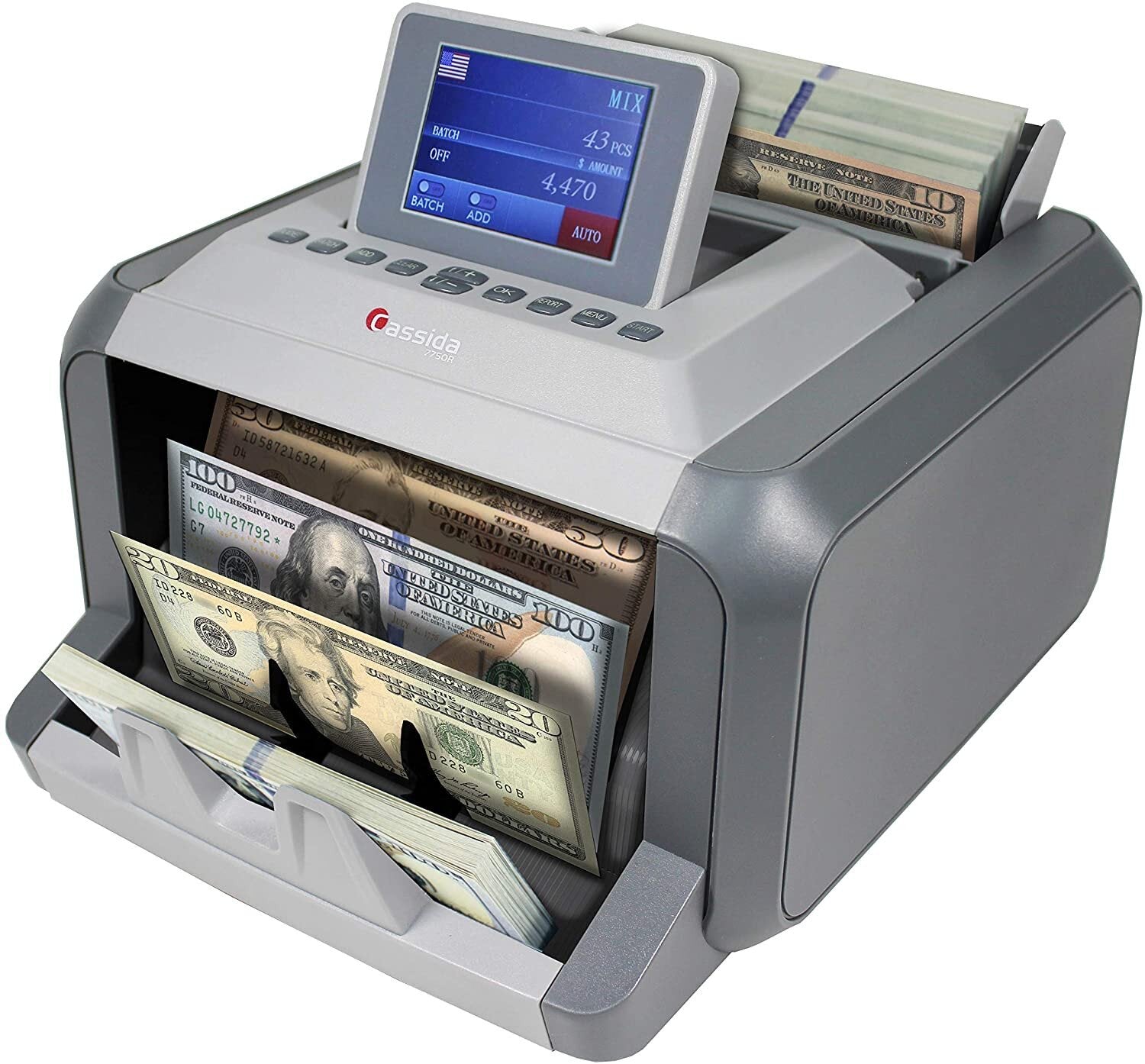 Money counting machine with a display and money being processed  - Buy Cassida 7750R Mixed Denomination Money Counter and Value Reader in UAE | Best Price – POSMEA