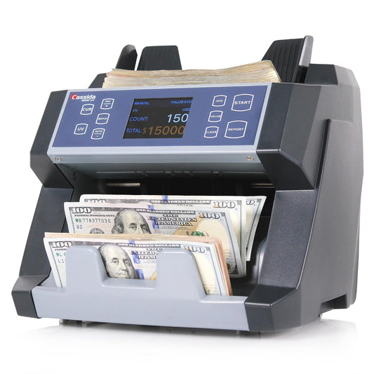 Currency counter machine processing U.S. dollar bills on a white  background - Buy Cassida Currency Counter (6600UV) in UAE | UV Money Counting Machine – POSMEA