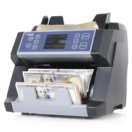 Currency counter machine processing U.S. dollar bills on a white  background - Buy Cassida Currency Counter (6600UV) in UAE | UV Money Counting Machine – POSMEA
