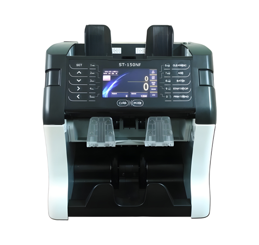 Currency counting machine with digital display on a white background - Buy Hitachi ST-150NF Cash Counting Machine in Dubai at Posmea
