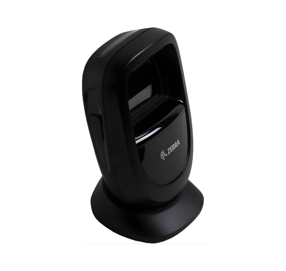 Black Zebra barcode scanner on a white background - Buy Zebra DS9208 Barcode Scanner DS9208-SR00004CNWW in UAE | Hands-Free 2D Scanner – POSMEA