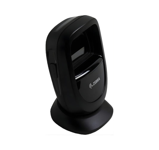 Black Zebra barcode scanner on a white background - Buy Zebra DS9208 Barcode Scanner DS9208-SR00004CNWW in UAE | Hands-Free 2D Scanner – POSMEA
