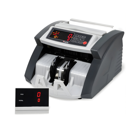 Currency counting machine with digital display on a white background -         Cassida 5520 UVMG Currency Counting Machine – Fake Note Detection Money Counter UAE