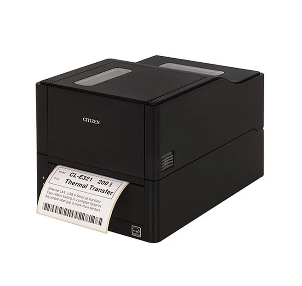 Black thermal printer with a label on a white background - Citizen CL-E321 Desktop Barcode Label Printer | Reliable Thermal Printer in UAE
