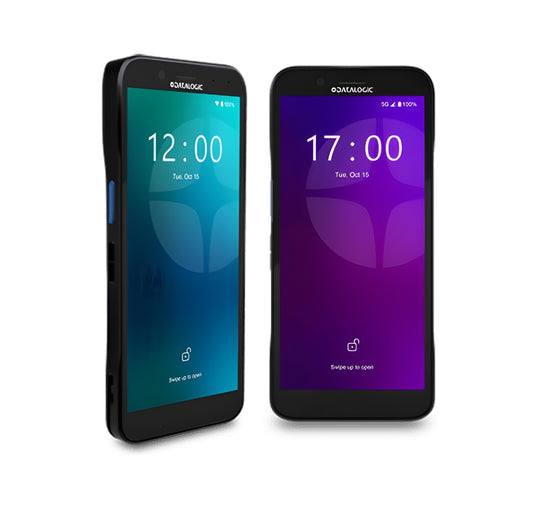 Two smartphones displaying different times on their screens with a white background. - Datalogic Memor 12 Mobile Computer | Rugged Android PDA with Wi-Fi 6E, Green Spot & Wireless Charging
