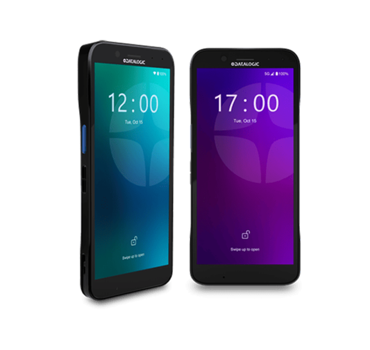 Two smartphones displaying different times on their screens against a white background - Datalogic Memor 17 Mobile Computer UAE | 5G Rugged Android PDA | POSMEA