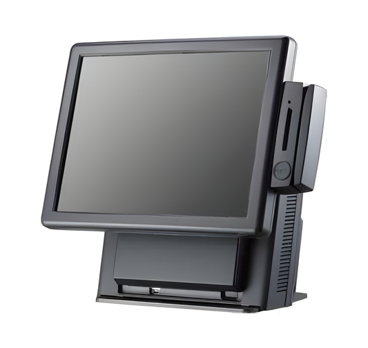 Black POS (Point of Sale) terminal with screen on a white background - E-POS Iridium 375 15" Touch POS Machine | Intel C2D Retail POS UAE – POSMEA