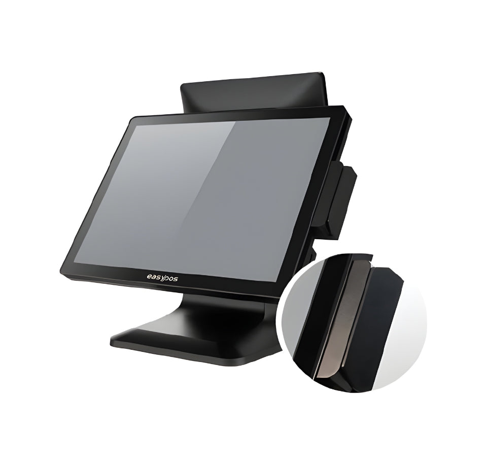 Black POS (Point of Sale) system with screen and card reader on a white background  High-Speed EPPS Android POS Terminal UAE –  EPPS-203 Quad Core POS System | Fast & Stylish EPPS POS System in Dubai – POSMEAPOSMEA