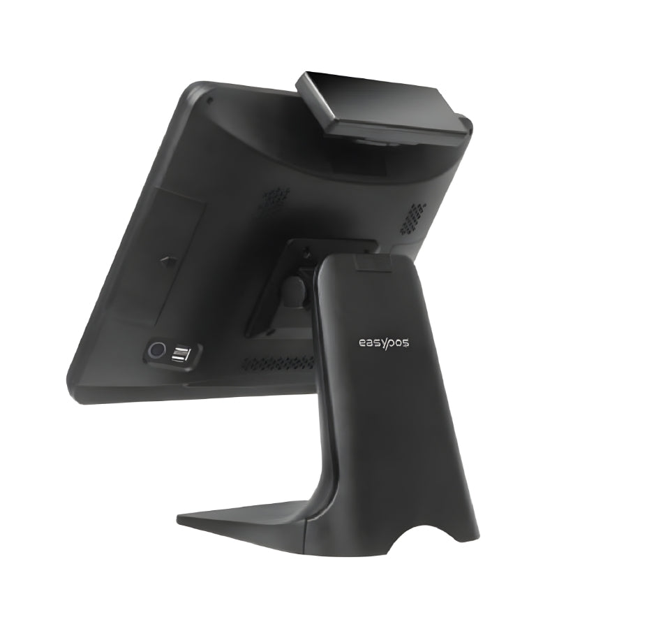 Black POS terminal with stand on a white background, featuring the 'easypos' brand. High-Performance EPPS POS Machine in Dubai – POSMEA - EPPS-305 Intel Core i5 POS System | High-Speed EPPS POS System for Retail & F&B – POSMEA