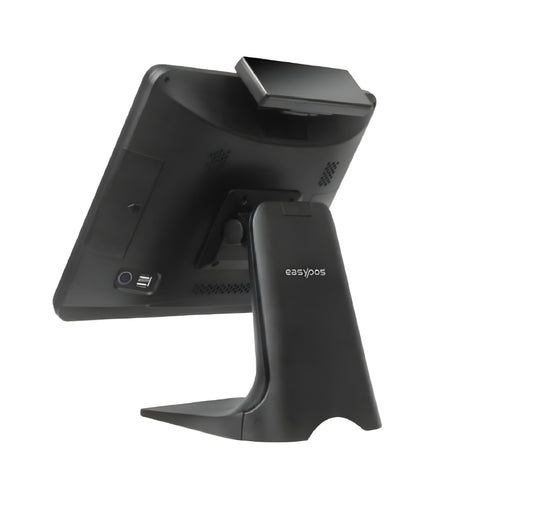 Black POS terminal with stand on a white background, featuring the 'easypos' brand. High-Performance EPPS POS Machine in Dubai – POSMEA - EPPS-305 Intel Core i5 POS System | High-Speed EPPS POS System for Retail & F&B – POSMEA