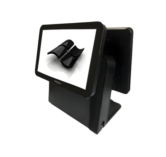 Black POS terminal with screen displaying a logo on a white  background - Advanced EPPS POS Billing System Dubai – POSMEA - EPPS-307 Intel Core i7 POS System | High-Speed 15" Touch POS Machine UAE