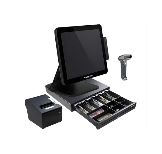 POS system with touchscreen, cash drawer, receipt printer, and barcode scanner on a white background - EasyPOS EPPS-202AdvIII POS Machine Bundle | Complete POS Offer UAE – POSMEA