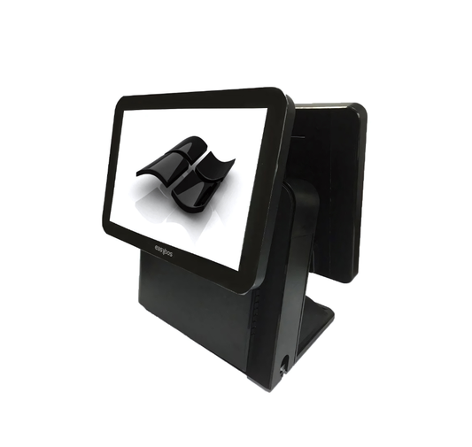 Black POS (Point of Sale) terminal with screen displaying a logo on a white background - EasyPOS EPPS-308 Intel Core i5 POS Machine | 12-Inch Touch POS UAE – POSMEA