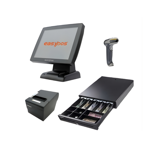 POS system with touch screen, barcode scanner, receipt printer, and cash drawer on a white background - EasyPOS EPPS-314 POS Machine Bundle | Complete POS System UAE – POSMEA