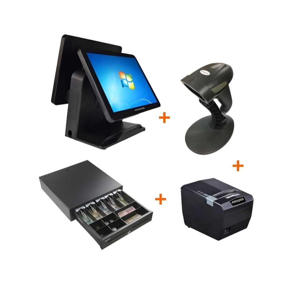 Set of POS system components including a touchscreen, scanner, cash drawer, and printer on a white background. EasyPOS EPPS308 POS Machine Bundle | Complete POS System UAE – POSMEA