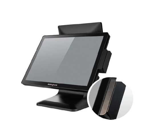 Black touchscreen POS terminal with a close-up of the screen on a white background - EasyPOS EPPS404 Touch Screen POS System | Affordable POS Machine UAE – POSMEA