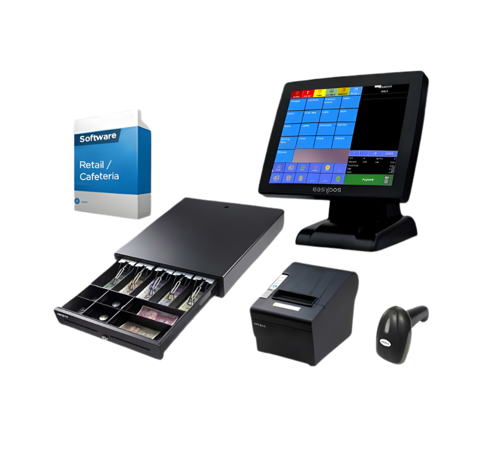 Point of sale system with touchscreen display, cash drawer, receipt printer, and scanner on a white background. - EasyPOS EPPS202 POS Machine Bundle with Software | Complete Retail POS UAE – POSME