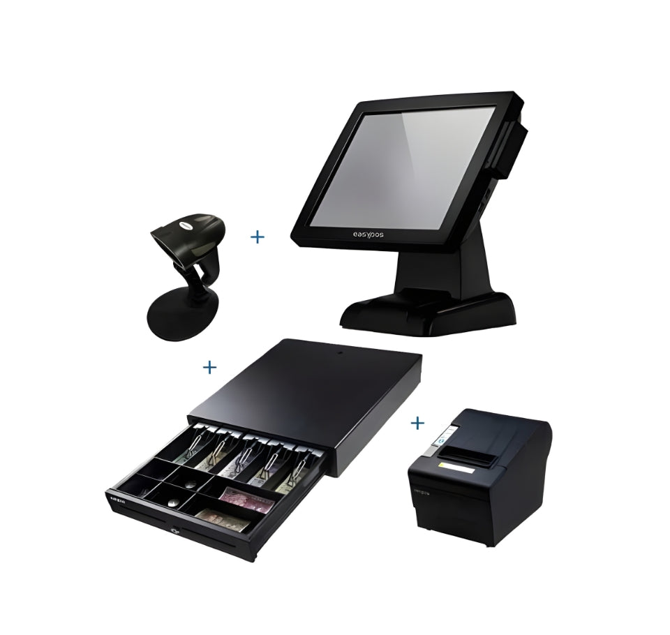 Set of black POS (Point of Sale) equipment including a touchscreen, camera, cash drawer, and receipt printer on a white background. - Easypos EPPS305 Bundle (POS Machine + Cashdrawer + Printer + Scanner)