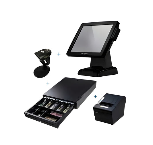 Set of black POS (Point of Sale) equipment including a touchscreen, camera, cash drawer, and receipt printer on a white background. - Easypos EPPS305 Bundle (POS Machine + Cashdrawer + Printer + Scanner)