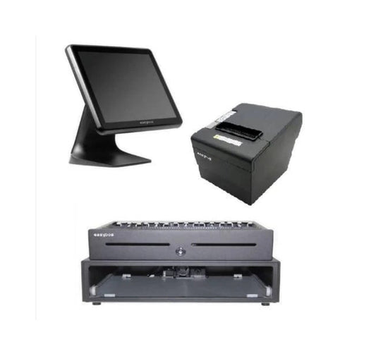 Point of sale (POS) system with touchscreen, printer, and cash drawer on a white background -  Easypos EPPS315 POS Machine 