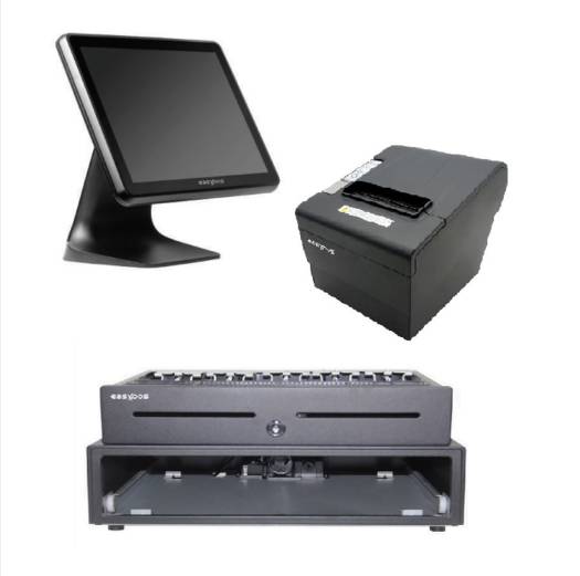 Set of POS (Point of Sale) terminal components including a screen, printer, and cash drawer on a white background. -  Easypos EPPS315 POS Machine 