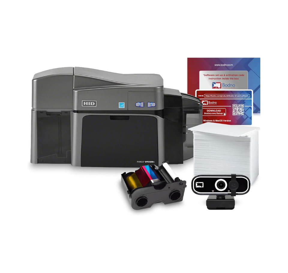 ID card printer with accessories on a white background - Fargo DTC1250e Dual-Side ID Card Printer Bundle 