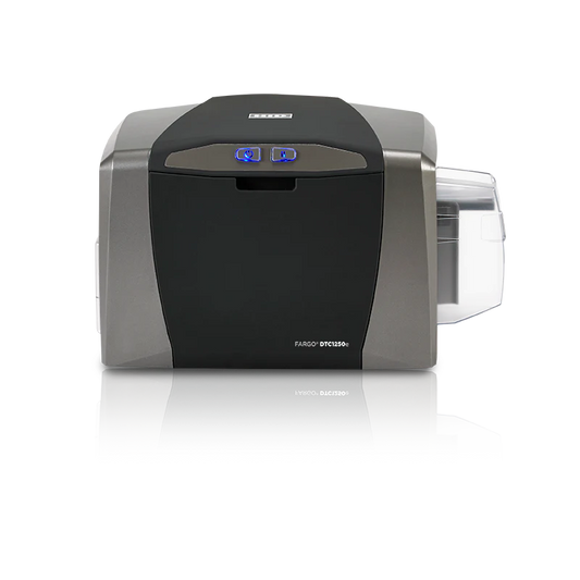 Fargo DTC1000 card printer on a white background - Fargo DTC1250e Single-Side ID Card Printer – High-Speed Desktop Card Printer UAE