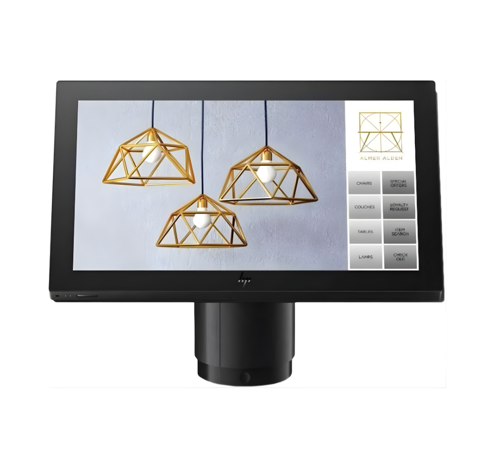 Touchscreen display with gold geometric pendant lights on a white background - HP Engage One Pro Android POS Terminal UAE