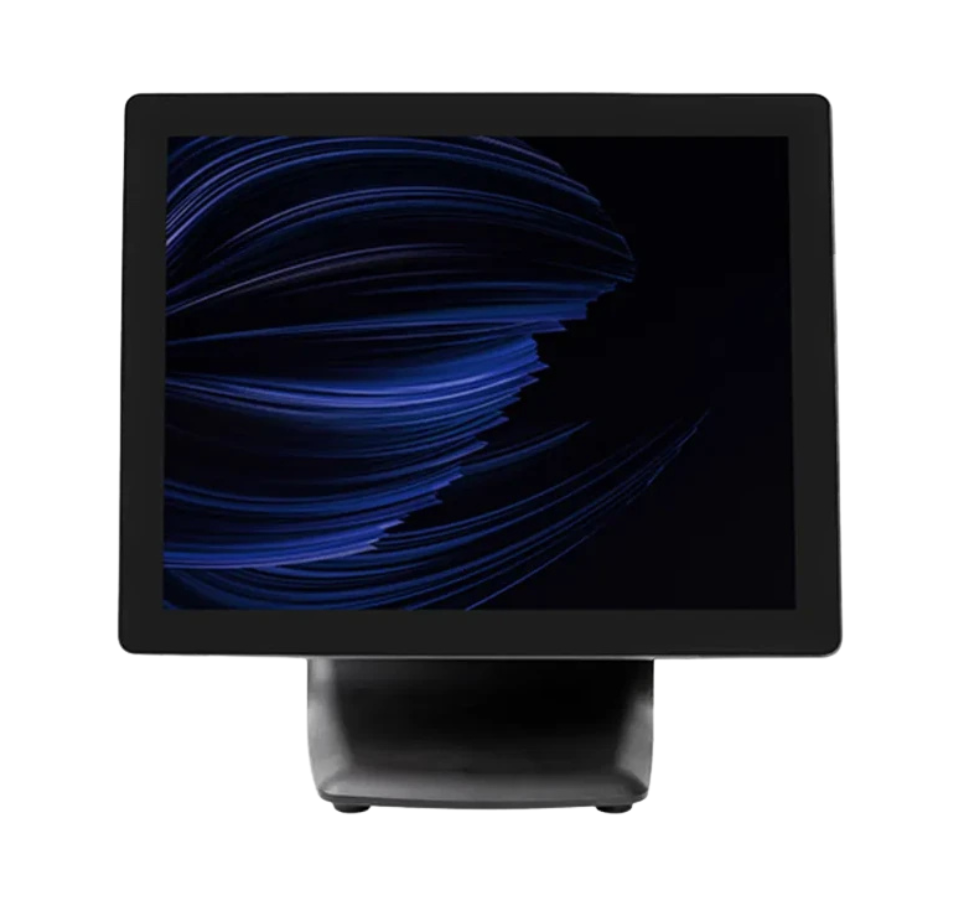 Black electronic device with a blue abstract pattern on the screen against a white background Complete Restaurant POS Terminal in UAE – POSMEA 
