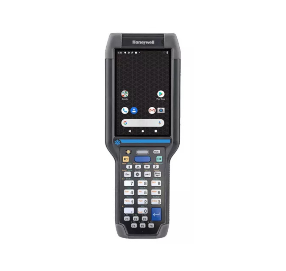 Honeywell barcode scanner with screen and keypad on a white  background Honeywell CK65 | CK65-L0N-B8C214E | Cold Storage Mobile Computer – Freezer-Ready Rugged Scanner UAE