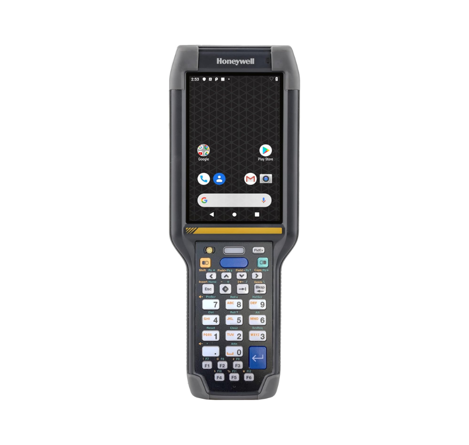 Honeywell barcode scanner with screen and keypad on a white  background - Honeywell CK65 Rugged Mobile Computer UAE | 2D Industrial Barcode Scanner | POSMEA