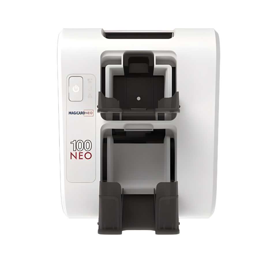 White and black card reader with '100 Neo' branding on a white background - Magicard 100 Neo Single-Side ID Card Printer
