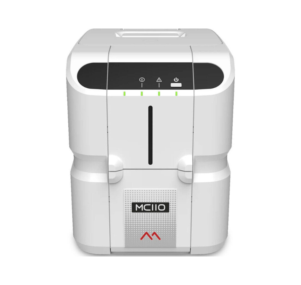 White electronic device with 'MC110' branding on a white background- Matica MC110 Dual-Sided ID Card Printer – Professional Card Printing Solution UAE
