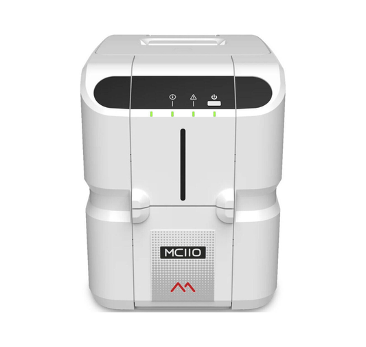 White electronic device with 'MC110' branding on a white background- Matica MC110 Dual-Sided ID Card Printer – Professional Card Printing Solution UAE
