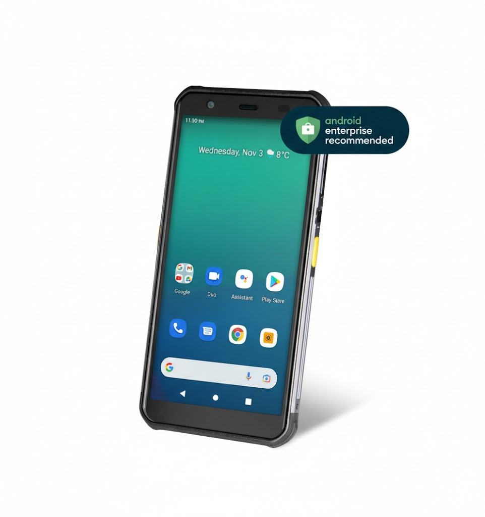 Smartphone with Android Enterprise Recommended badge on a white background - Newland NFT10 Pilot Pro Rugged Mobile Computer 