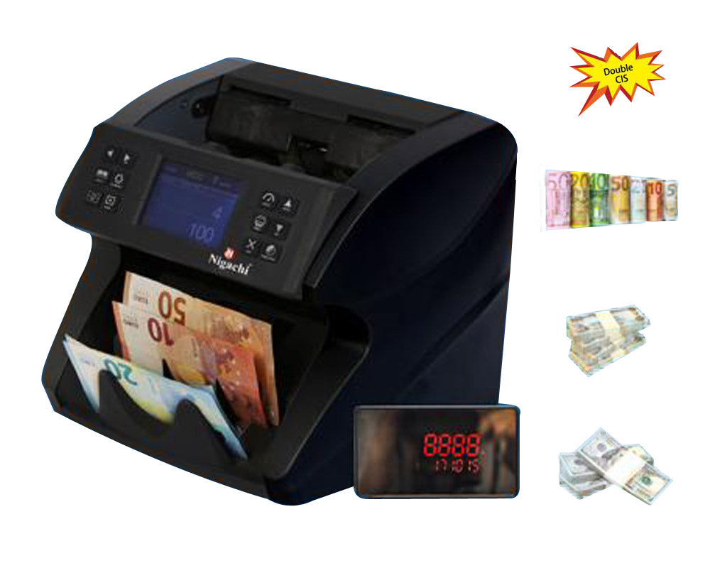 Black money counting machine with currency detection feature, surrounded by images of money. - Nigachi NC-777 Single Pocket Money Counting Machine – Fast & Reliable Cash Counter UAE.