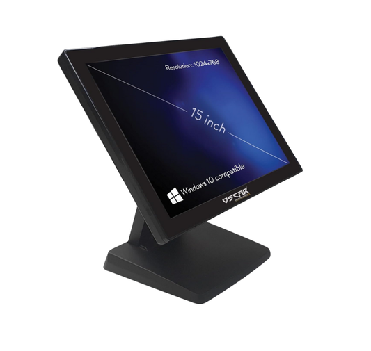 15-inch touchscreen monitor on a stand with Windows 10 compatibility  label. Premium Restaurant POS System in UAE – POSMEA