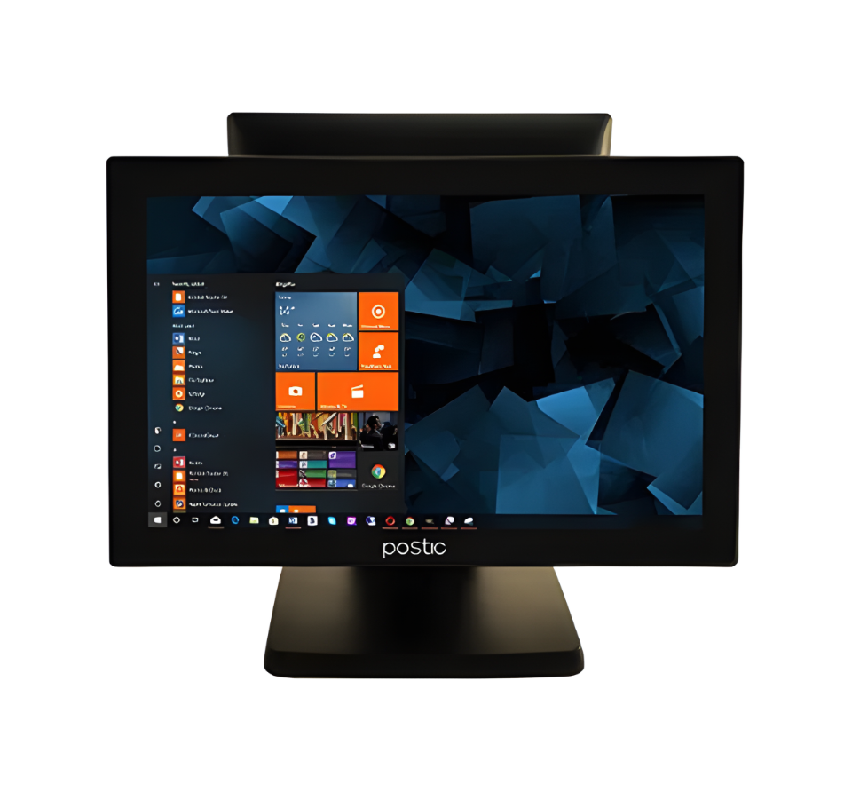 Tall, thin computer monitor with a blue abstract design on the screen, featuring the Postic brand. - POSTIC POS UAE