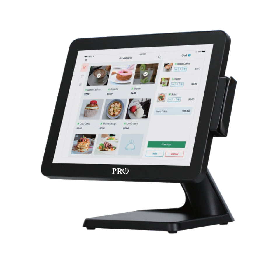 Touchscreen POS system with food ordering interface on a white background - Android POS Dubai