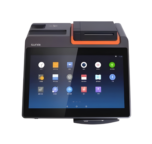 Touchscreen device with app icons on a white background, featuring the Sunmi brand. - SUNMI T2 Mini Desktop POS Machine | Compact Android POS UAE – POSMEA