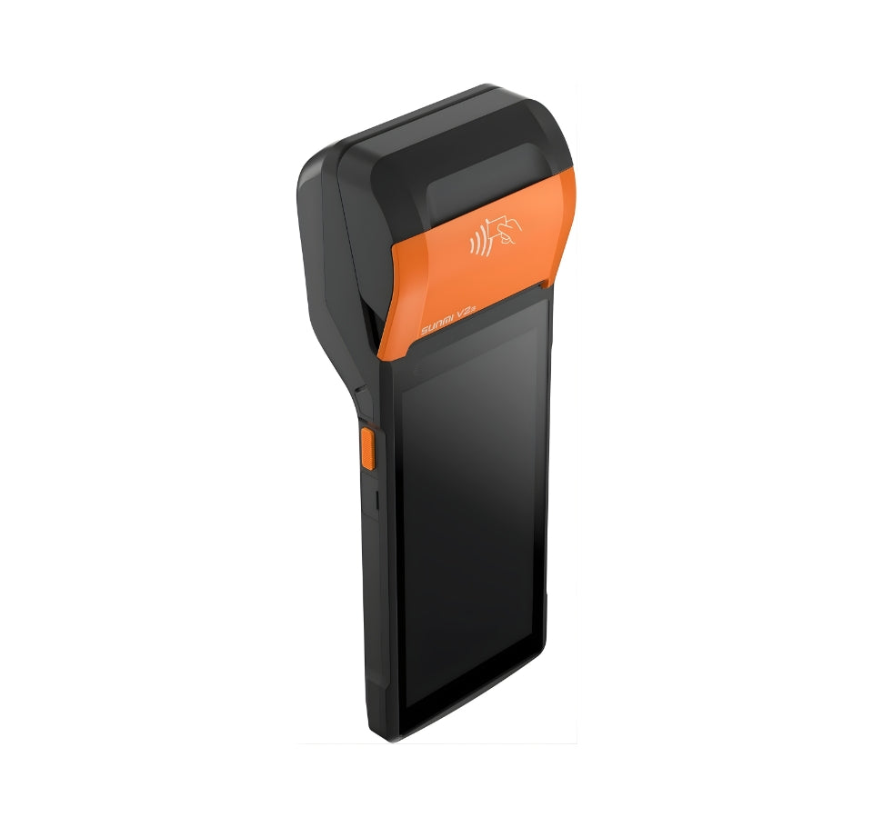 Black and orange handheld device on a white background Android Handheld POS Machine – POSMEA