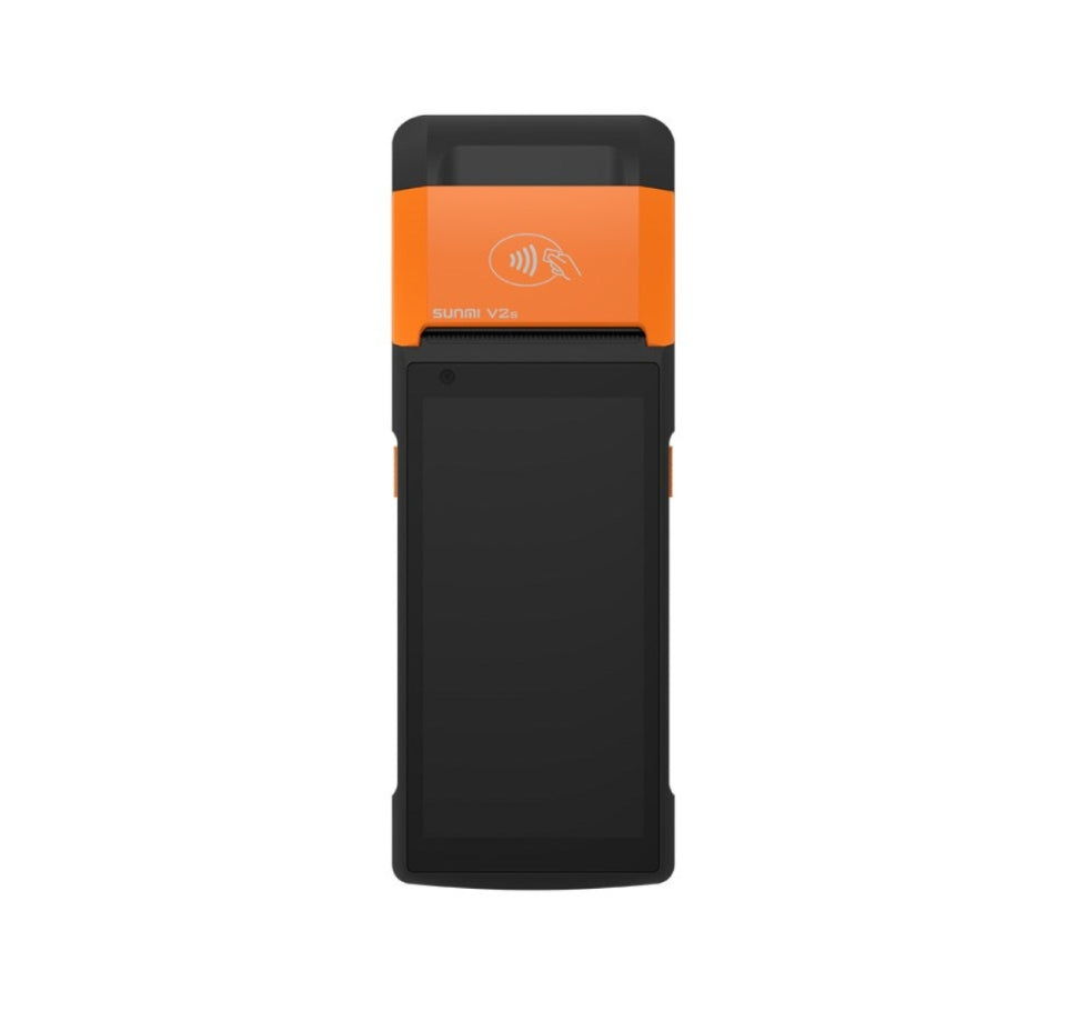 Black and orange electronic device on a white background  Handheld Smart POS with Printer – POSMEA