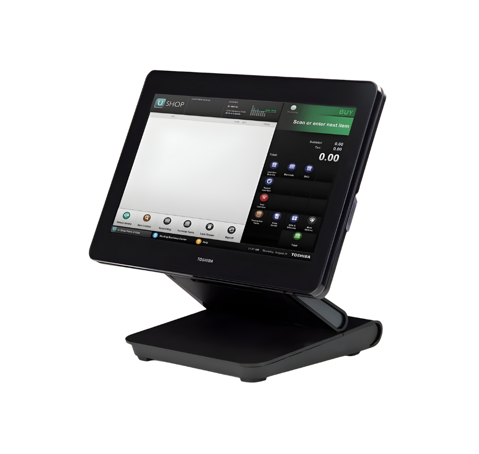Touchscreen POS system on a stand with a white background - Toshiba TCx800 POS Machine 6200-E05 | Intel i5 Retail POS UAE – POSMEA