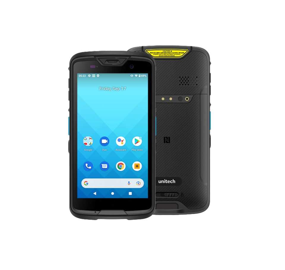 Rugged smartphone with app icons displayed on screen, showing front and back views. - Unitech EA520 Barcode Scanner UAE | Rugged Mobile Computer Android | POSMEA