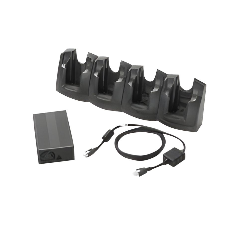 Black electronic device with multiple slots and a power adapter on a white background - Zebra MC67 4-Slot Charge Only Cradle Kit – Part# CRD5501-401CES | Buy in UAE
