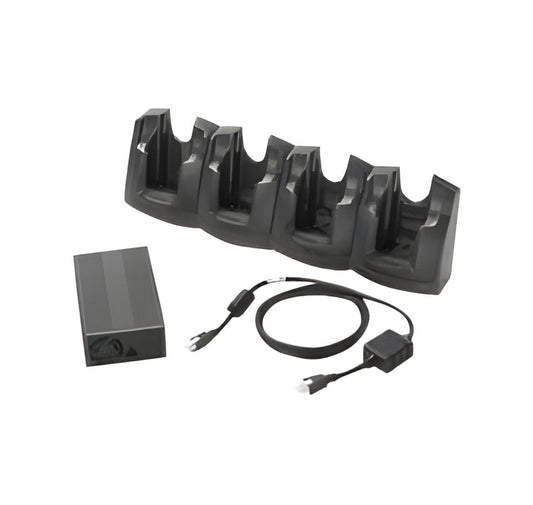 Black electronic device with multiple slots and a power adapter on a white background - Zebra MC67 4-Slot Charge Only Cradle Kit – Part# CRD5501-401CES | Buy in UAE