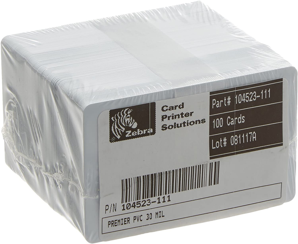 Packaged Zebra card printer solution with label on a white background - Zebra Premier PVC ID Cards CR-80 30 Mil – Blank White Plastic Cards (500 Pack) UAE