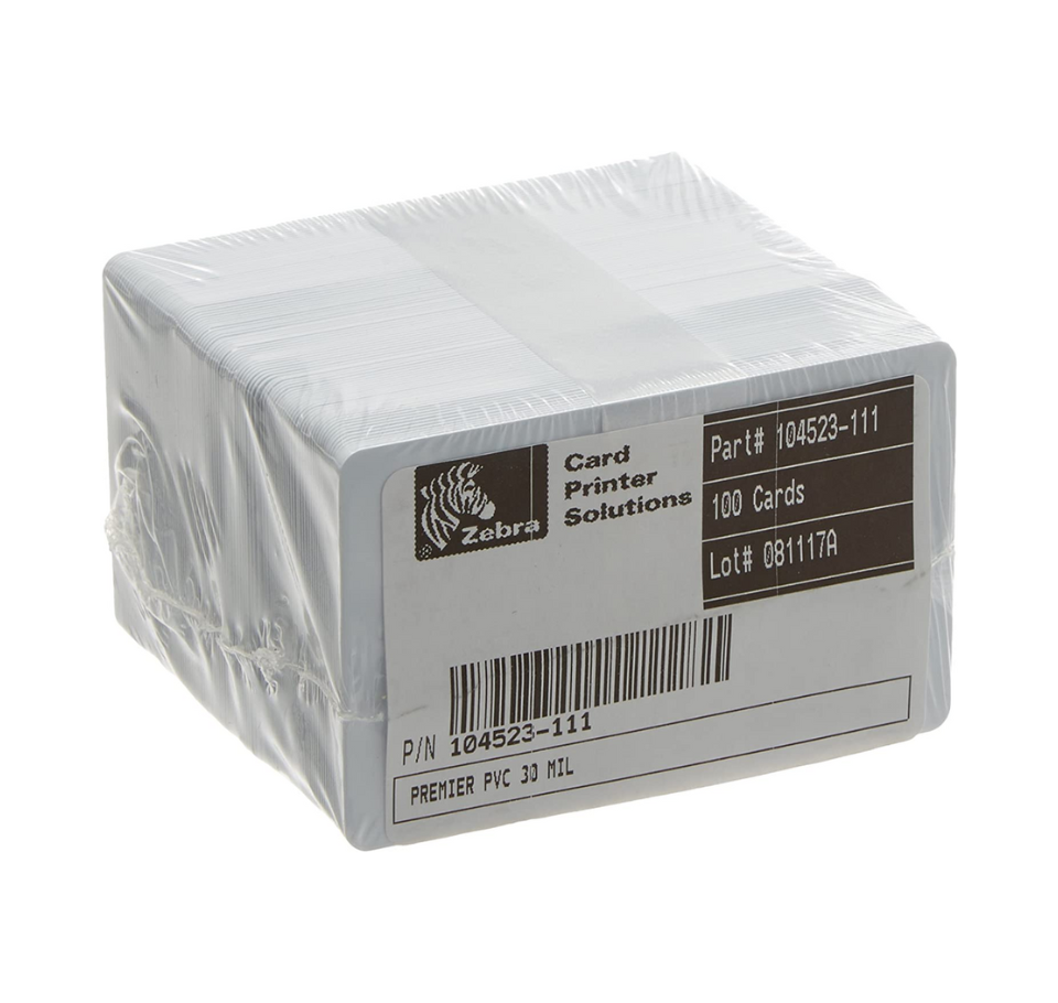 Packaged Zebra card printer solution with labels on a white background ZebraPremierPVCCard-BlankWhite_CR-8030mil_500cards.Standardcardsizeinindustry.