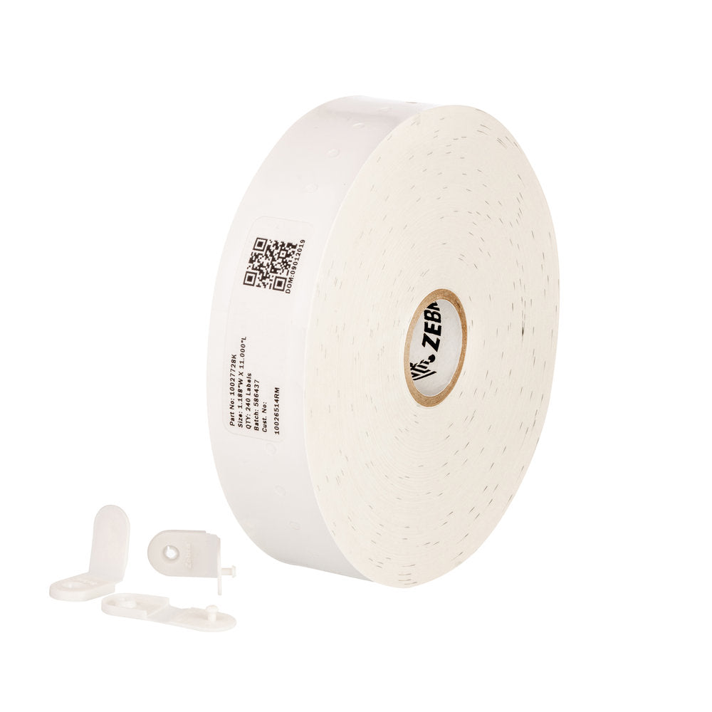 Roll of white tape with a QR code and brand name on a white background - Zebra Z-Band QuickClip Wristband Cartridge Kit 1” x 7” – White Patient ID Wristbands UAE